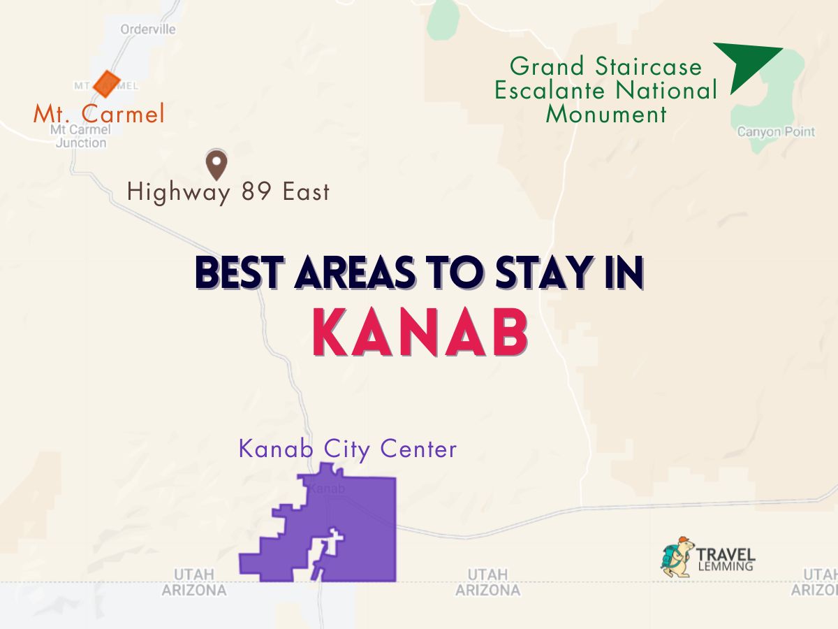 A graphic map that shows the best areas to stay in Kanab
