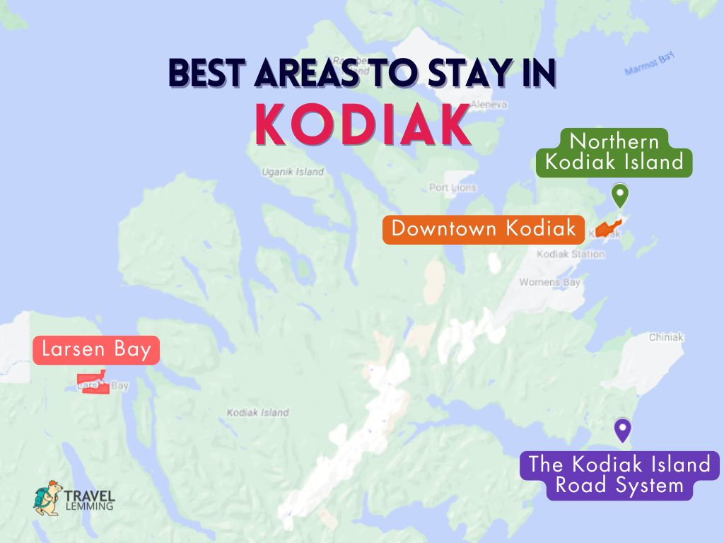 A graphic map that shows the best areas to stay in Kodiak