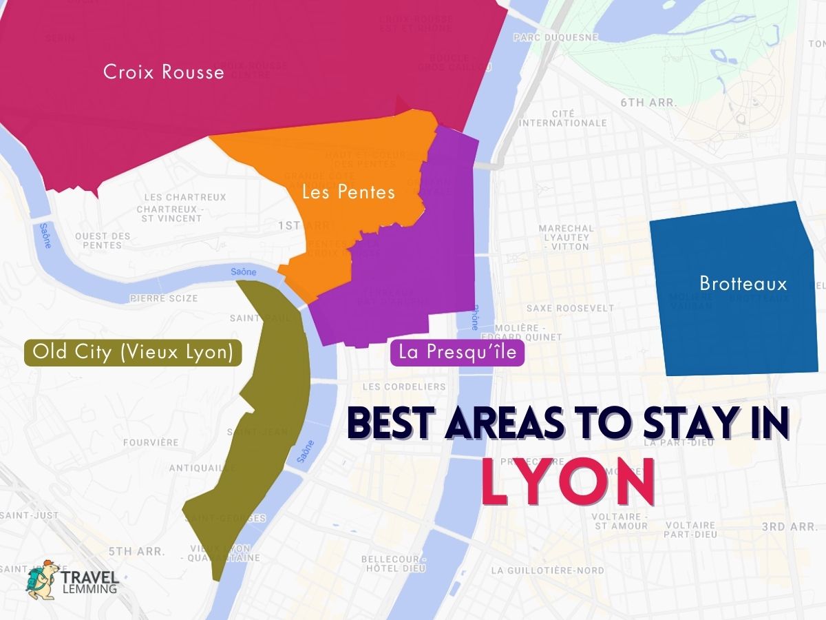 A graphic map that shows the best areas to stay in Lyon
