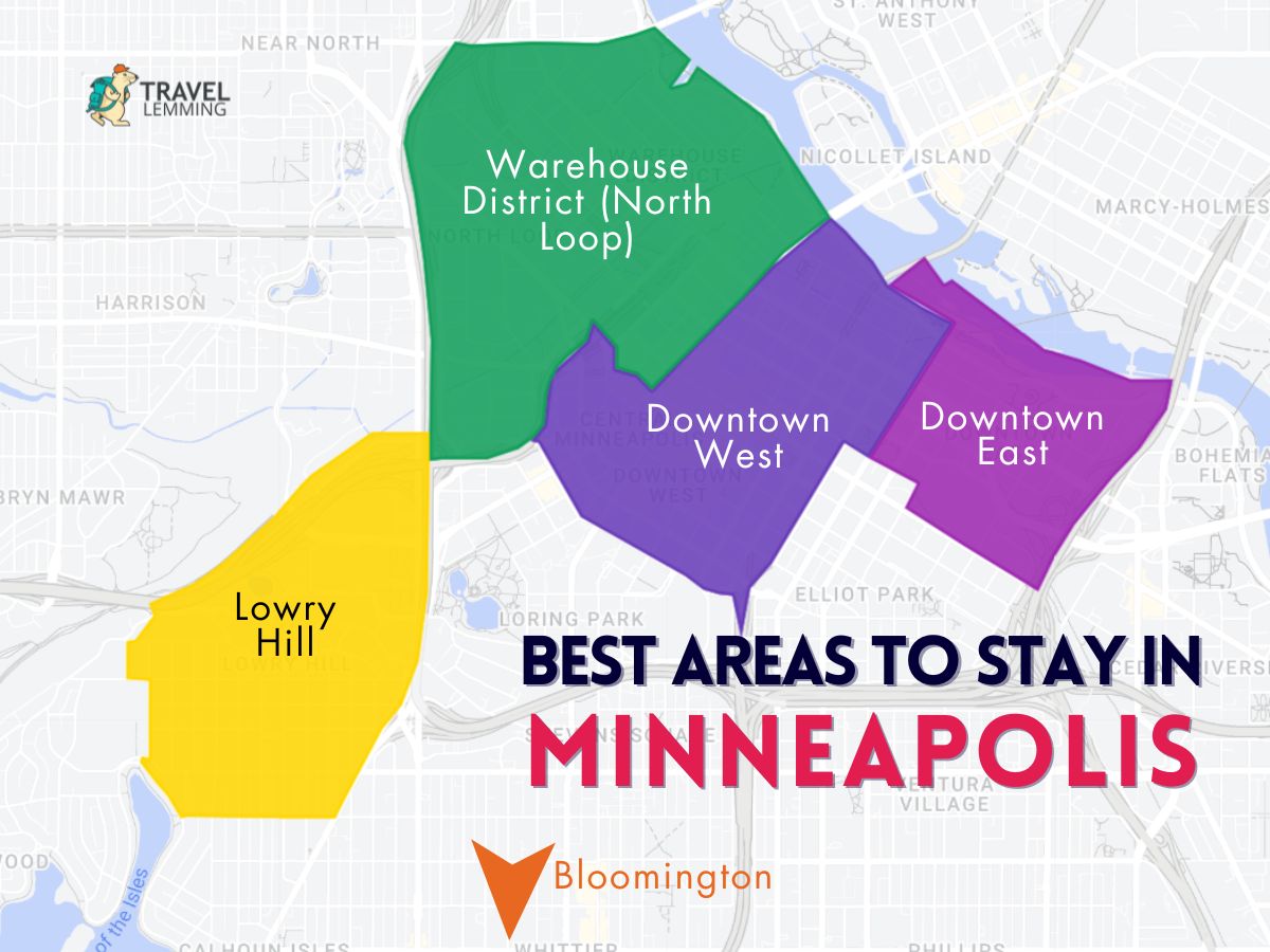 A graphic map that shows the best areas to stay in Minneapolis
