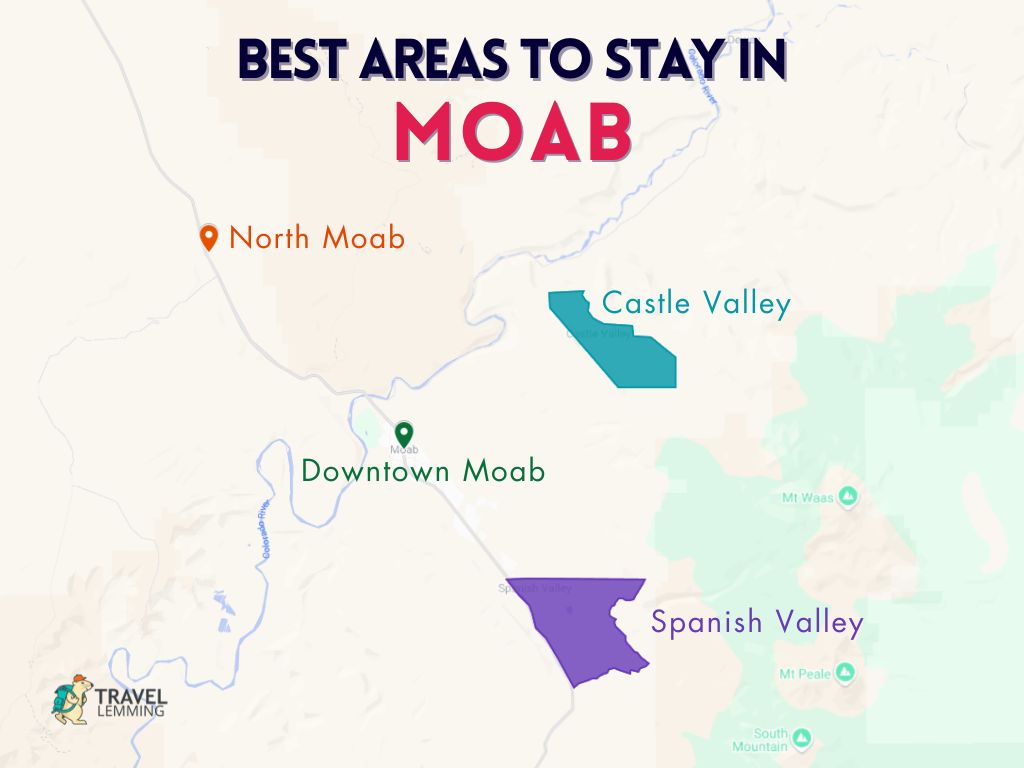 A graphic map that shows the best areas to stay in Moab