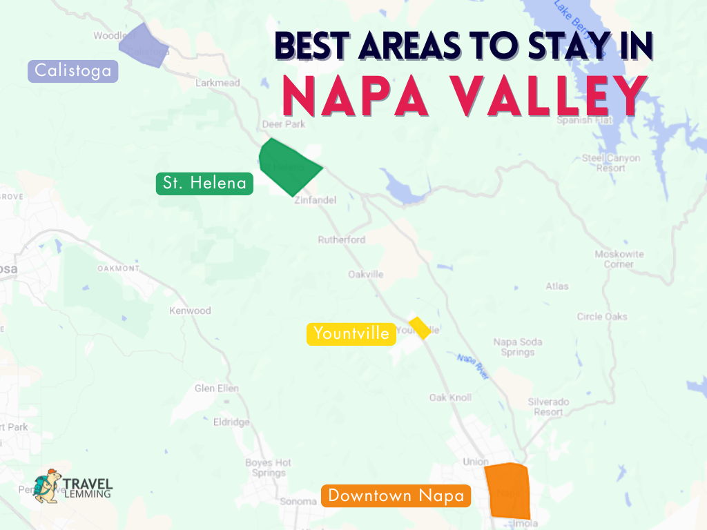 A graphic map that shows the best areas to stay in Napa Valley