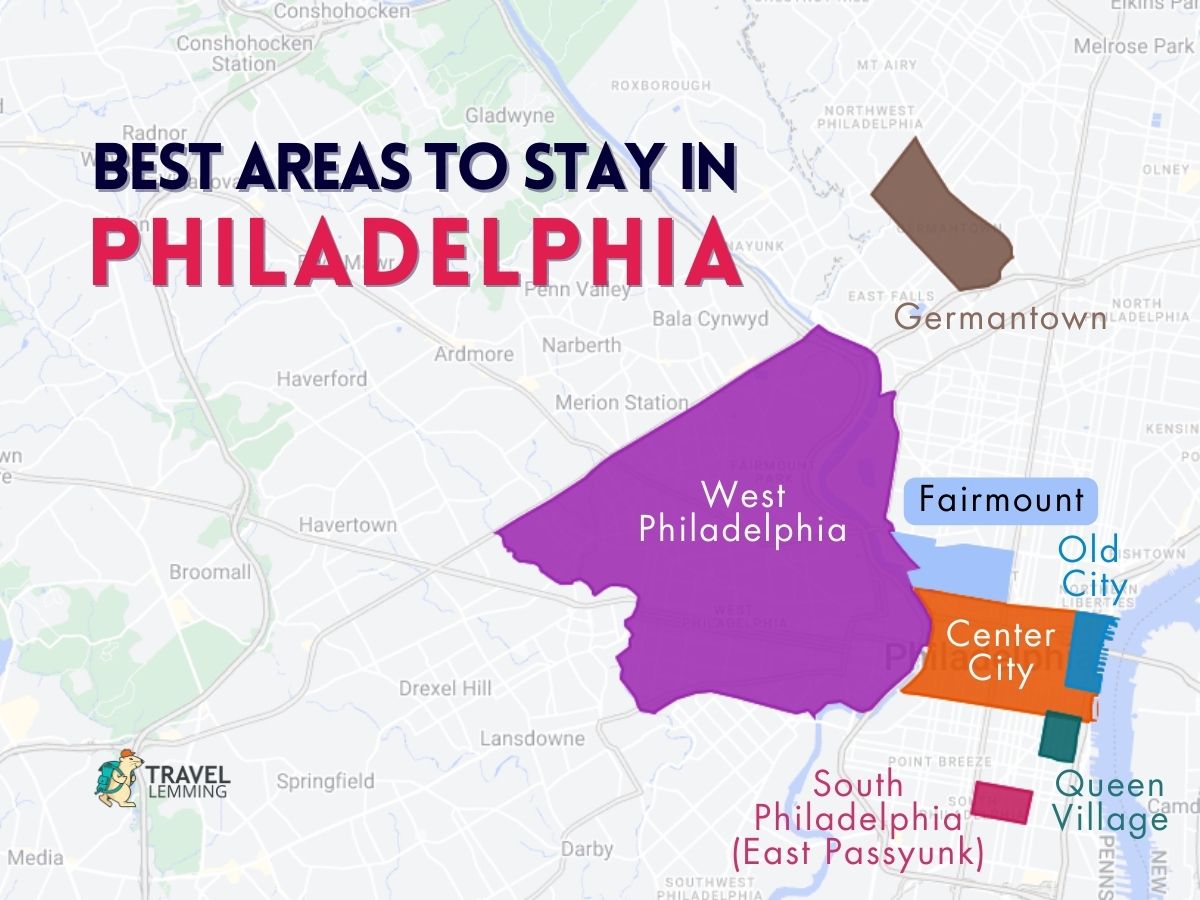 A graphic map that shows the best areas to stay in Philadelphia