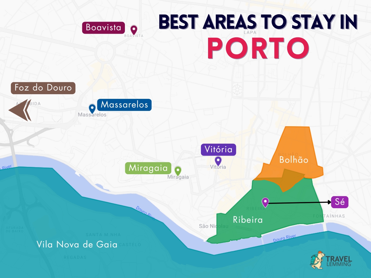 A graphic map that shows the best areas to stay in Porto