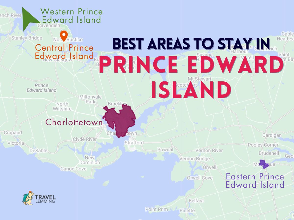 A graphic map that shows the best areas to stay in Prince Edward Island