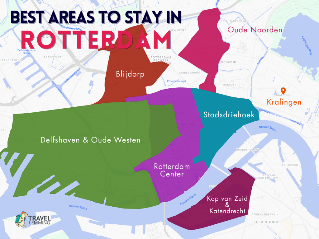 A graphic map that shows the best areas to stay in Rotterdam