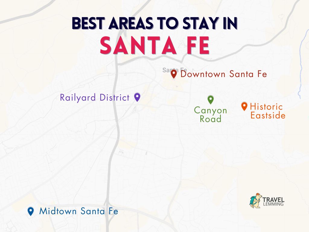 A graphic map that shows the best areas to stay in Santa Fe