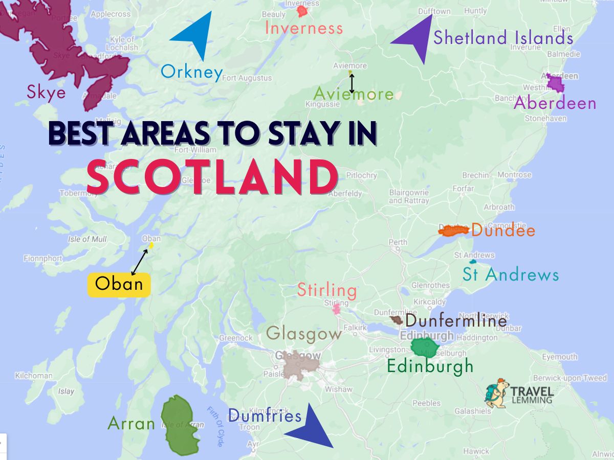 A graphic map that shows the best areas to stay in Scotland