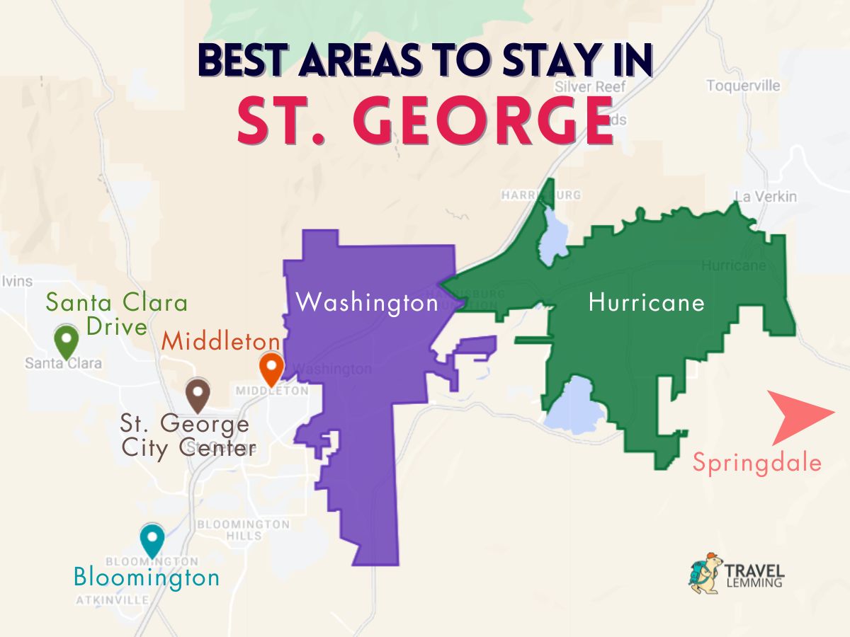 A graphic map that shows the best areas to stay in St. George