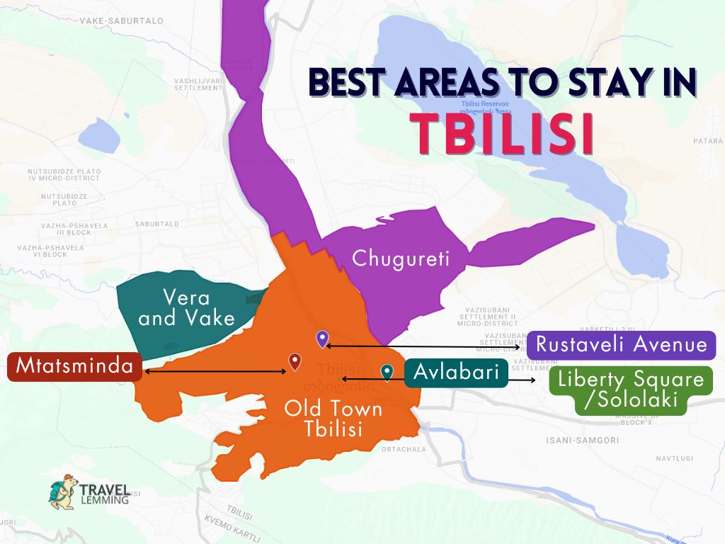 A graphic map that shows the best areas to stay in Tbilisi