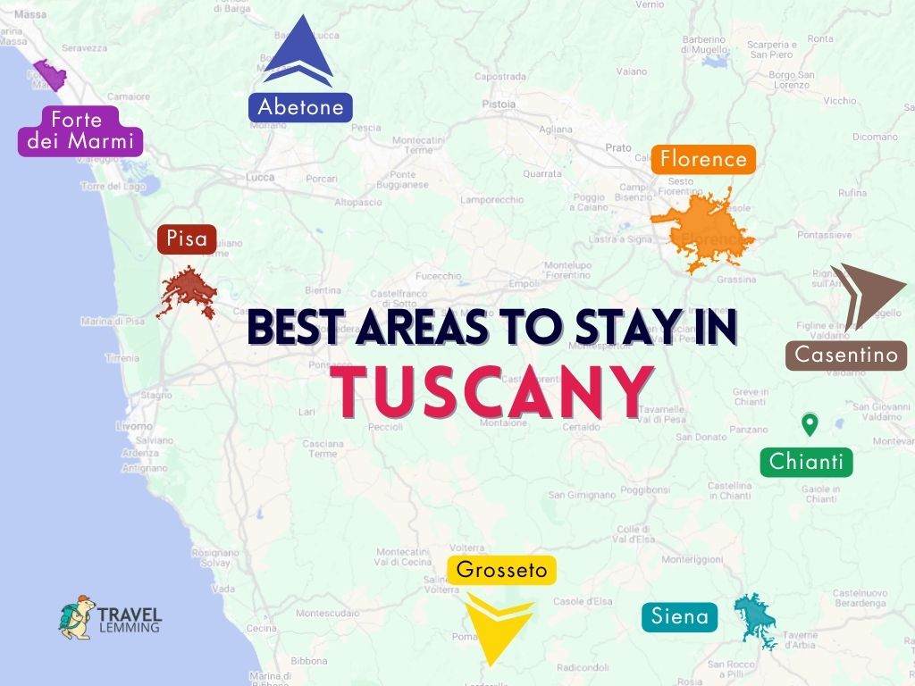 A graphic map that shows the best areas to stay in Tuscany