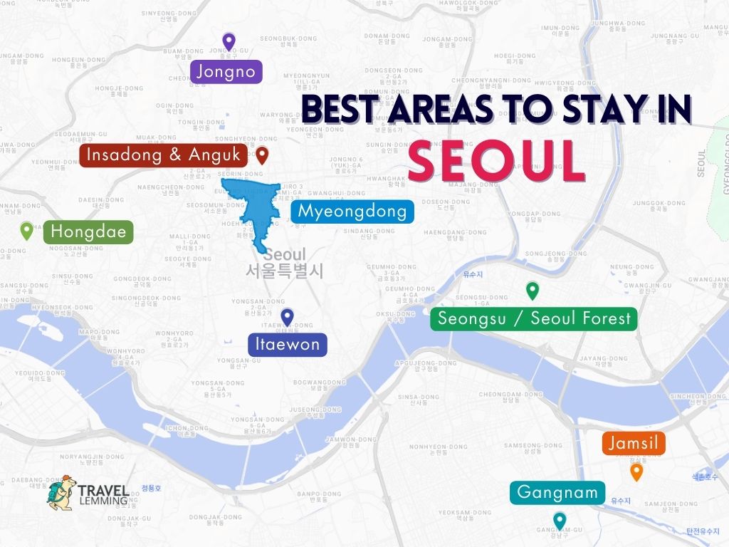 A graphic map that shows the best areas to stay in Seoul