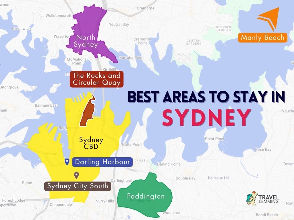A graphic map that shows the best areas to stay in Sydney