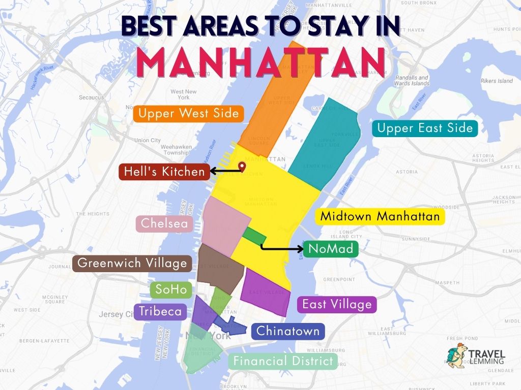 A graphic map that shows the best areas to stay in Manhattan