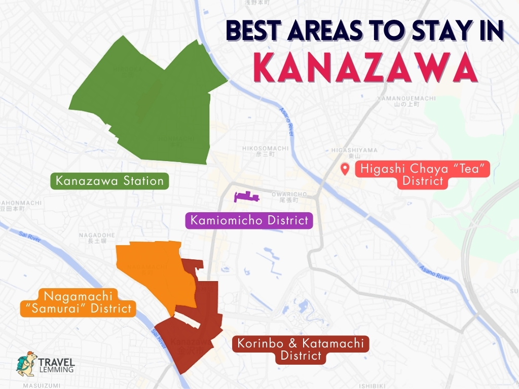 A graphic map that shows the best areas to stay in Kanazawa
