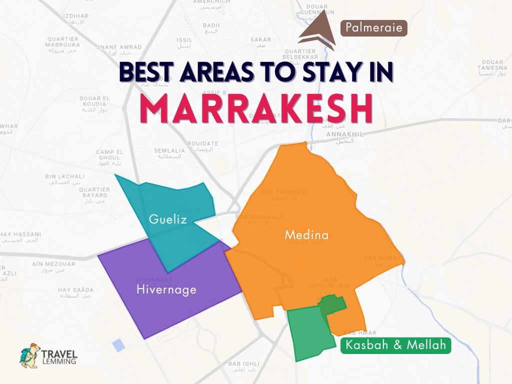 A graphic map that shows the best areas to stay in Marrakesh
