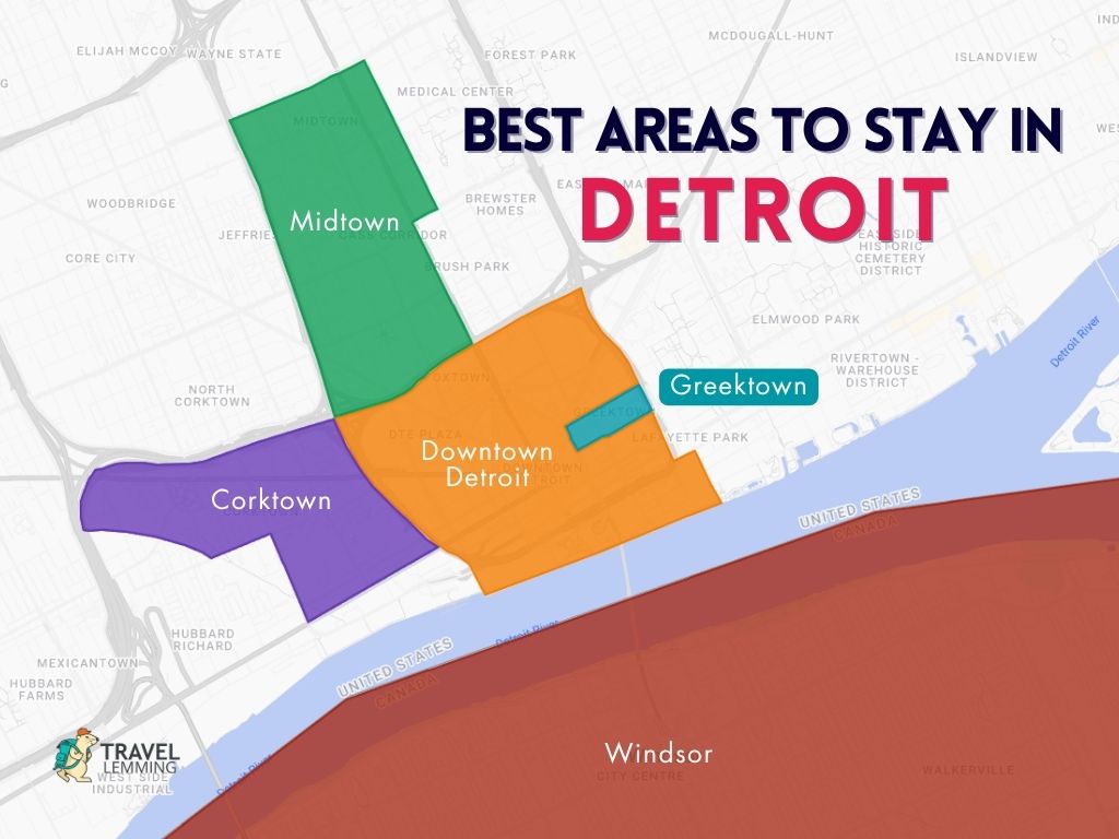 A graphic map that shows the best areas to stay in Detroit