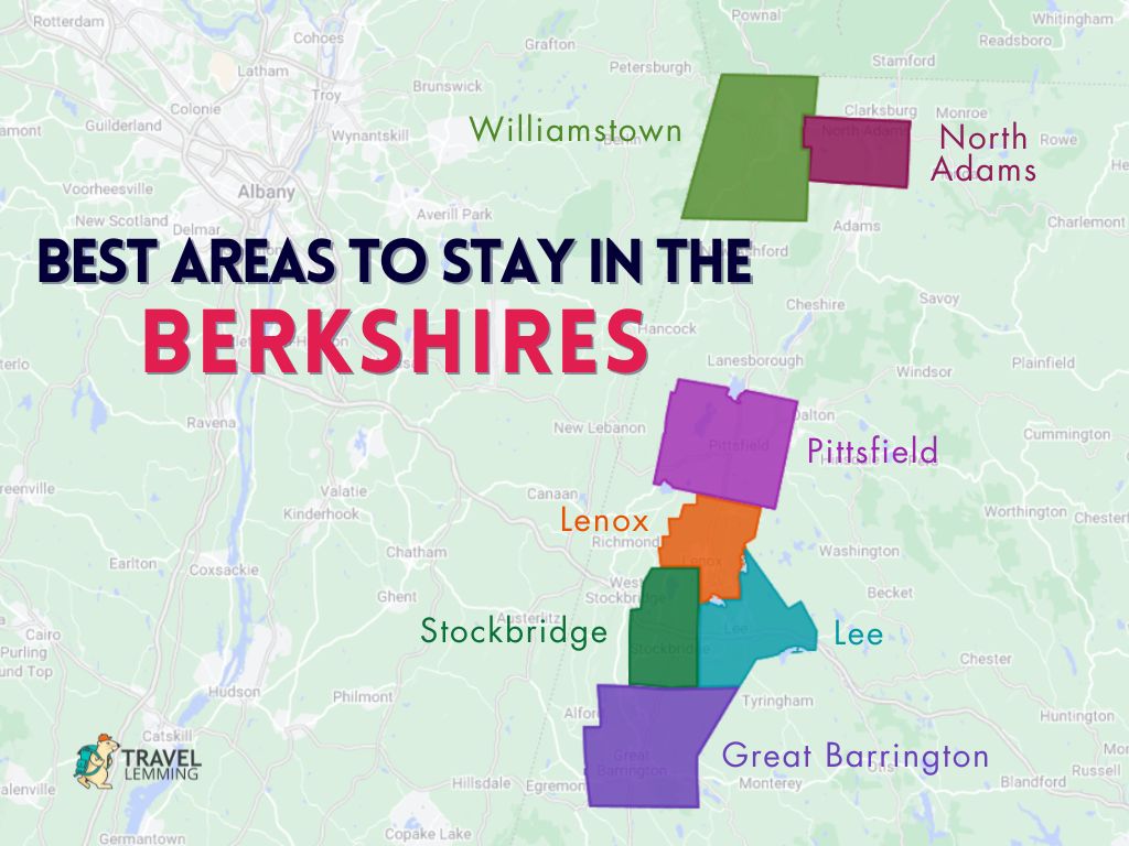 A graphic map that shows the best areas to stay in the Berkshires