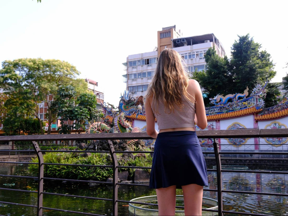The author, Sky Ariella at a park near Dalongdong Baoan Temple