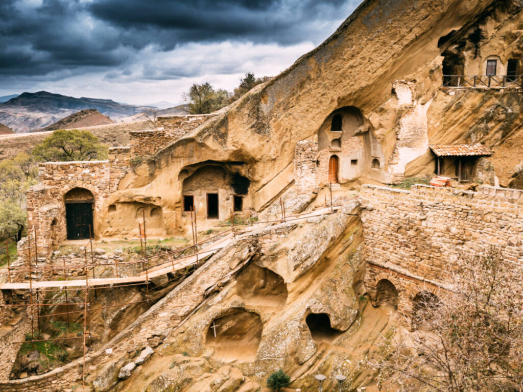 View of the old monastic cells and natural caves at Davit Gareji