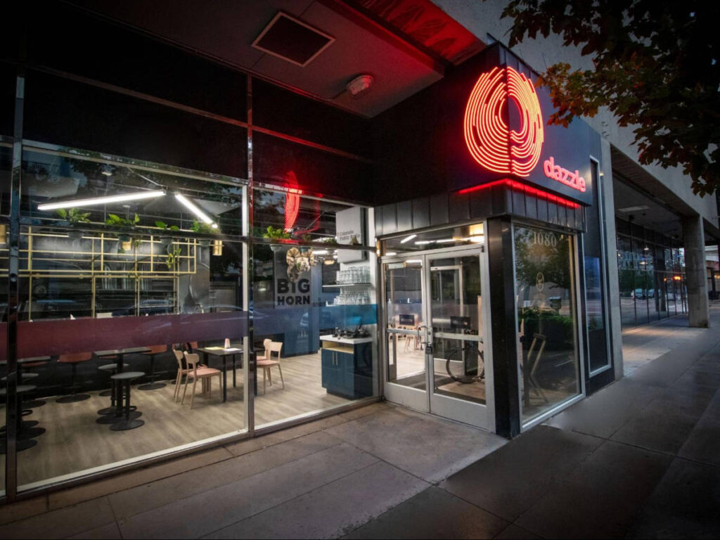 View from the outside of Dazzle Denver at night