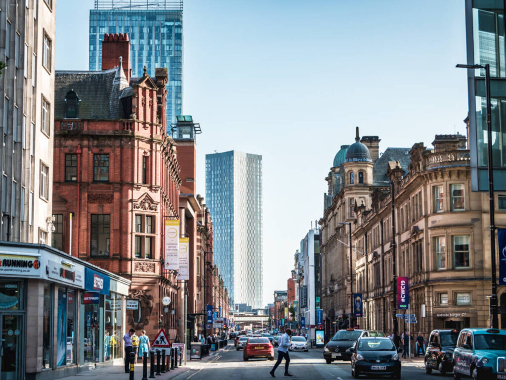 View of the old and new buildings at the Deansgate Road