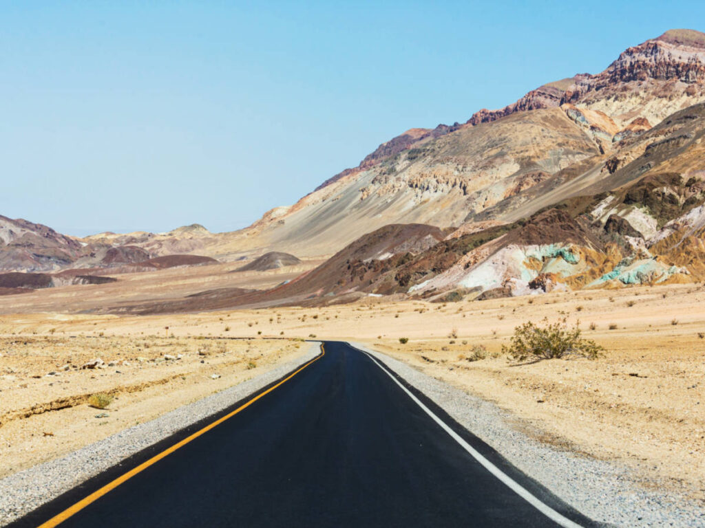 The open road and the mountain views in Death Valley
