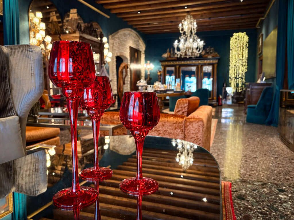 View of the bold interior and decorations in Hotel Palazzo Priuli