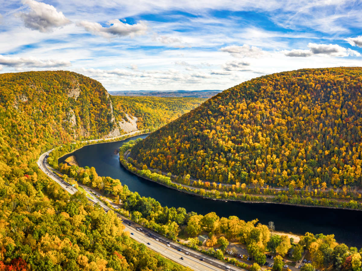 Aerial view of the fall foliage around the Delaware Water Gap