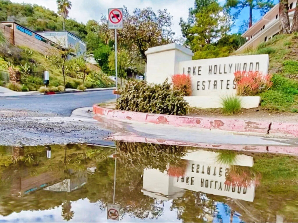 Remains of the deluge in the middle oof the road in Hollywood Hills