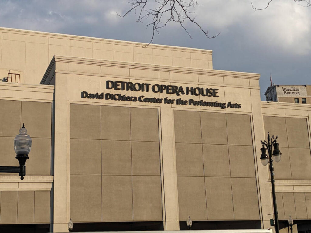 The signage and exterior of the Detroit Opera House