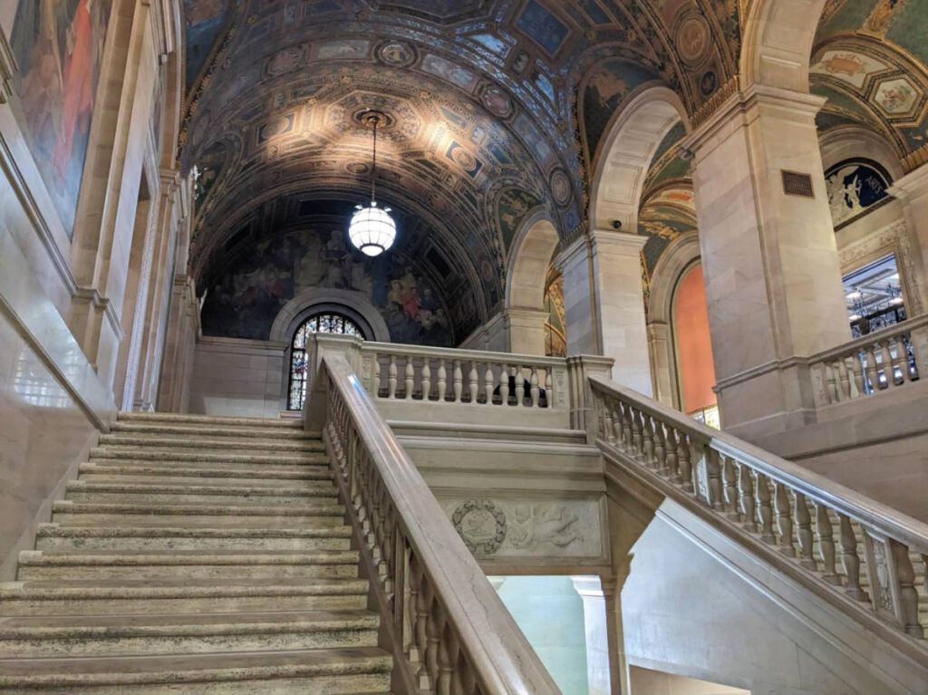 View of the grand staircase and interior of the Detroit Public Library