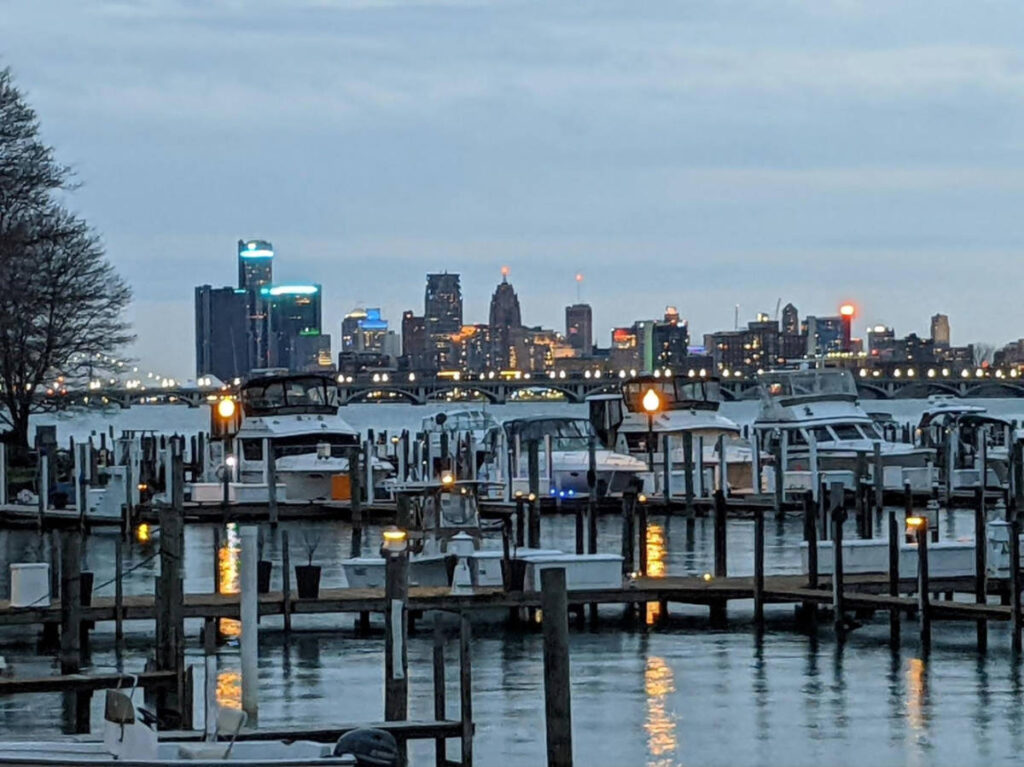 View of the docked boats and the skyline from Belle Isle