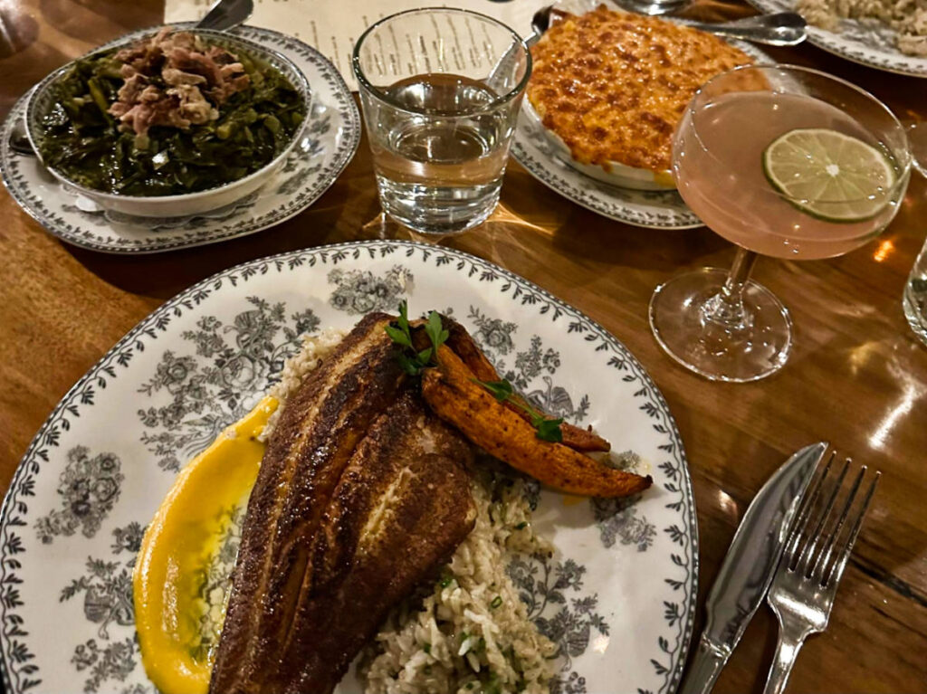 The blackened catfish, collard greens, and mac & cheese from Virtue