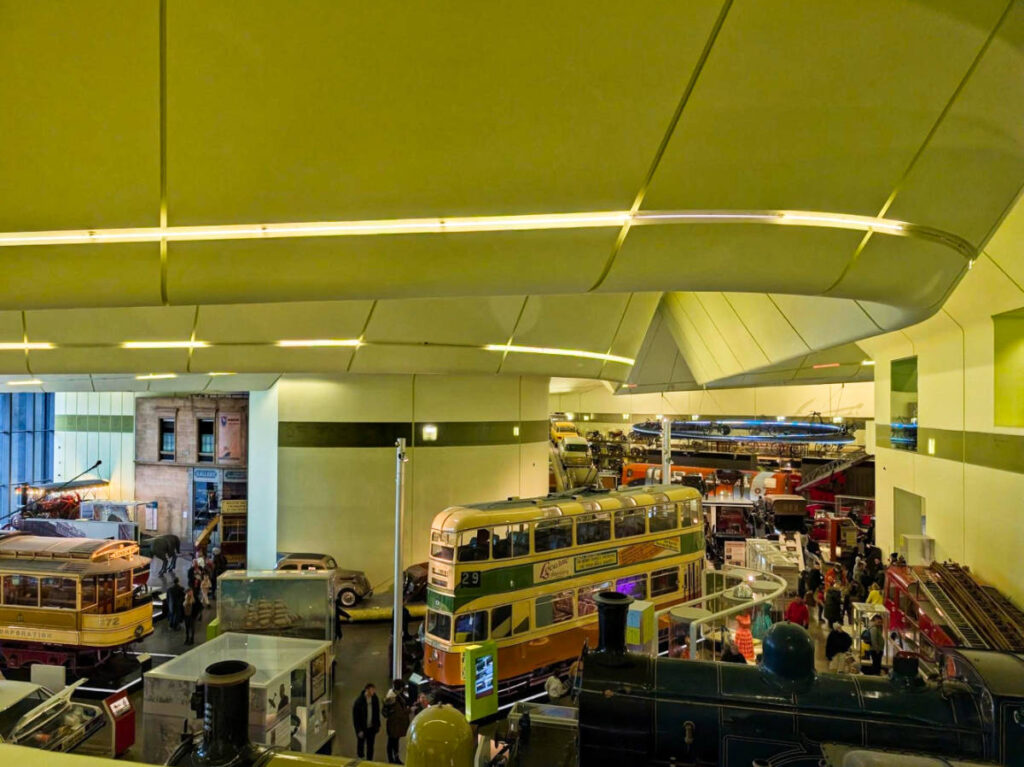 View of the historic buses, trams and trains in the Riverside Museum
