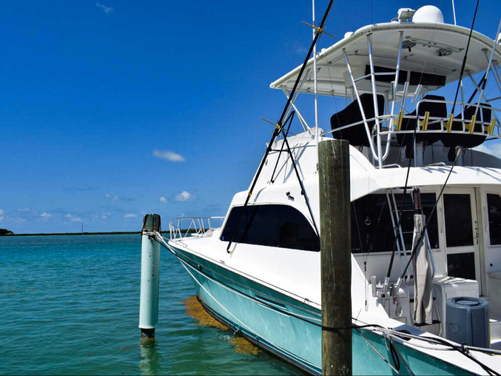 A boat docked at Bud n’ Mary’s Marina