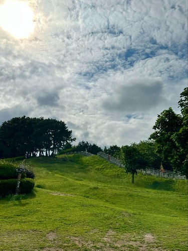 View of the Dongnae Eupseong Fortress wall surrounded by greeneries