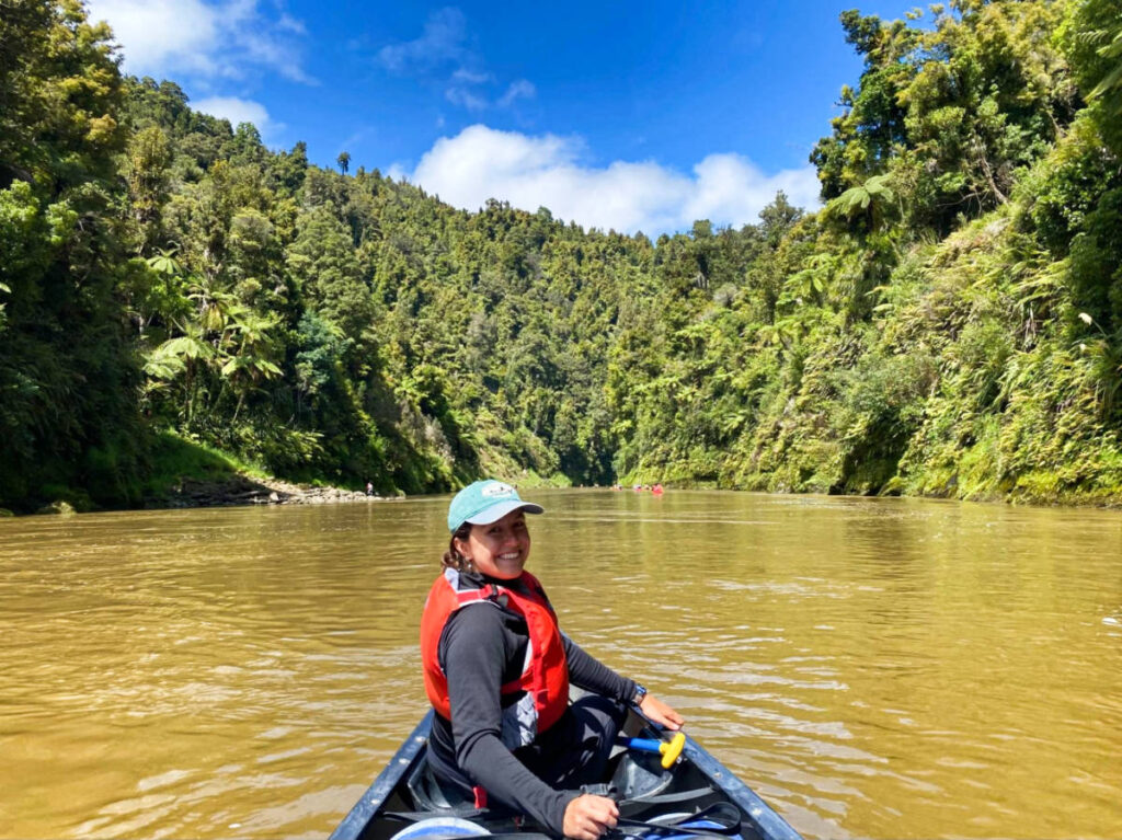 The author's partner on the double canoe on the Whanganui River