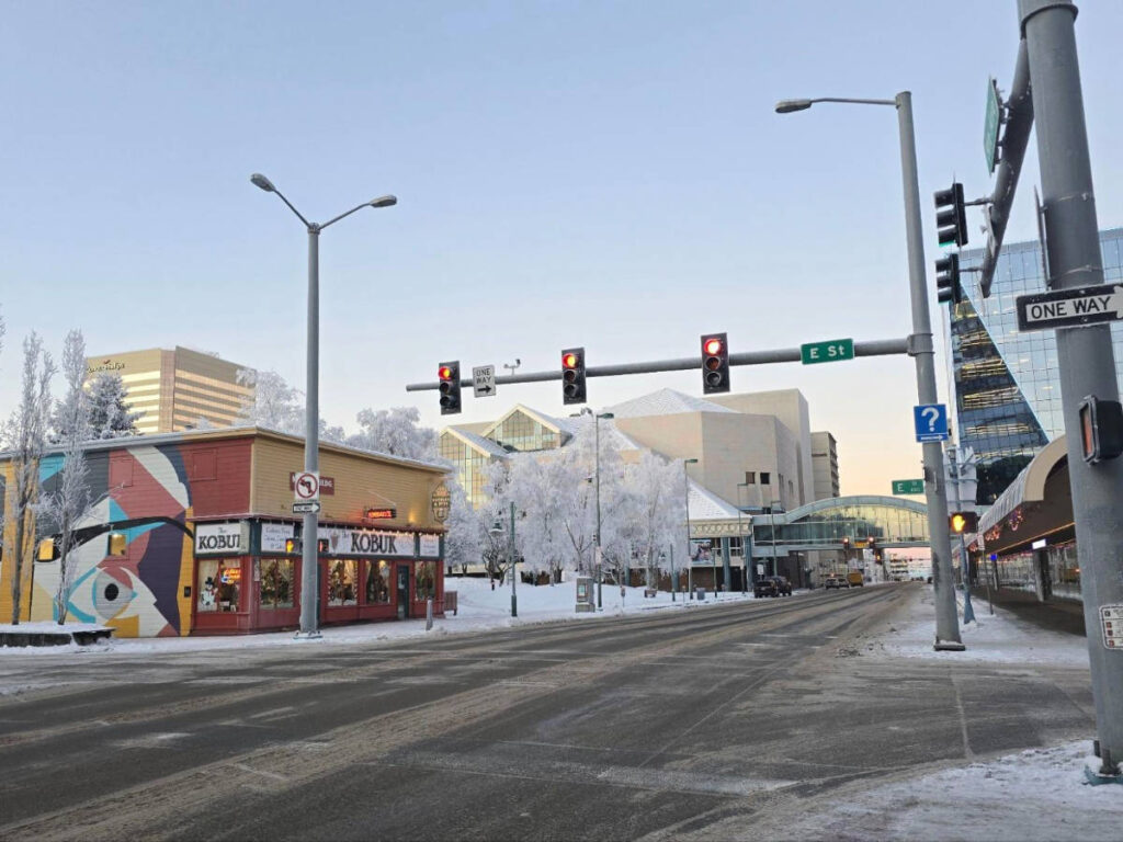 View of streets in Downtown Anchorage during winter season