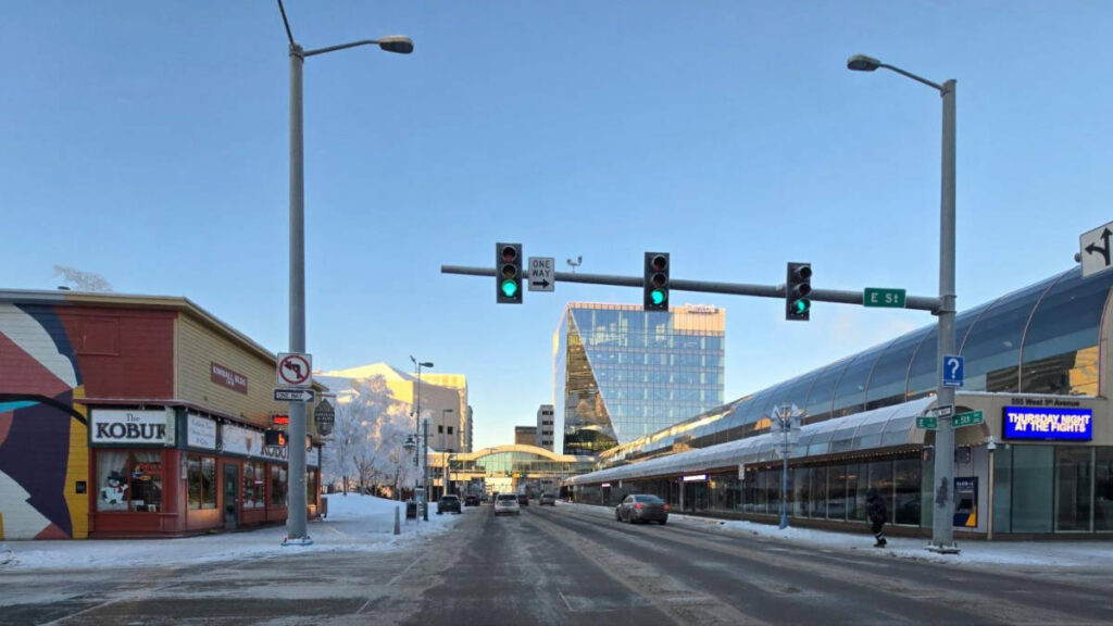 Panoramic view of the skyline in Downtown Anchorage in winter