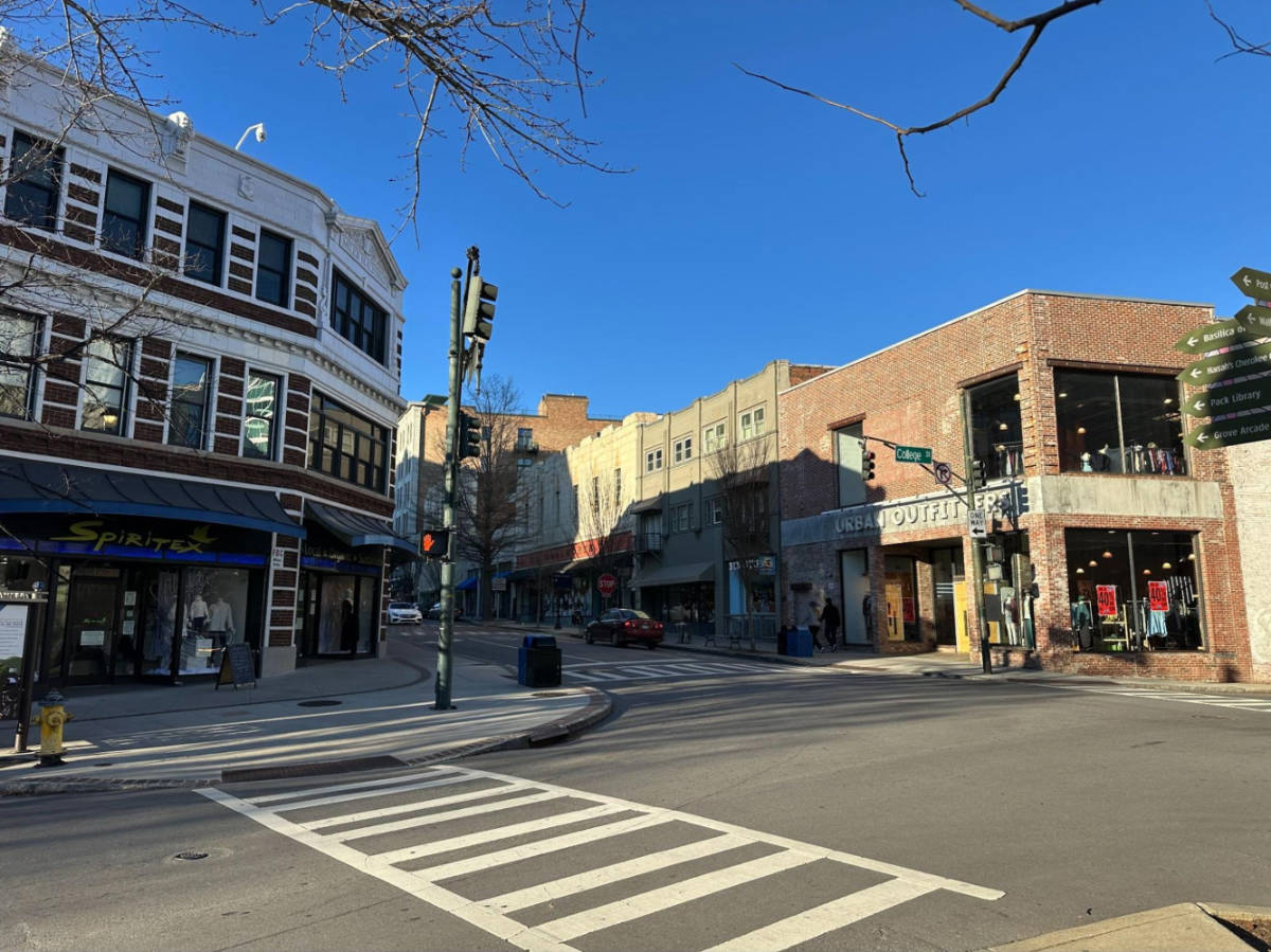View of the quiet street of Downtown Asheville by Pritchard Park