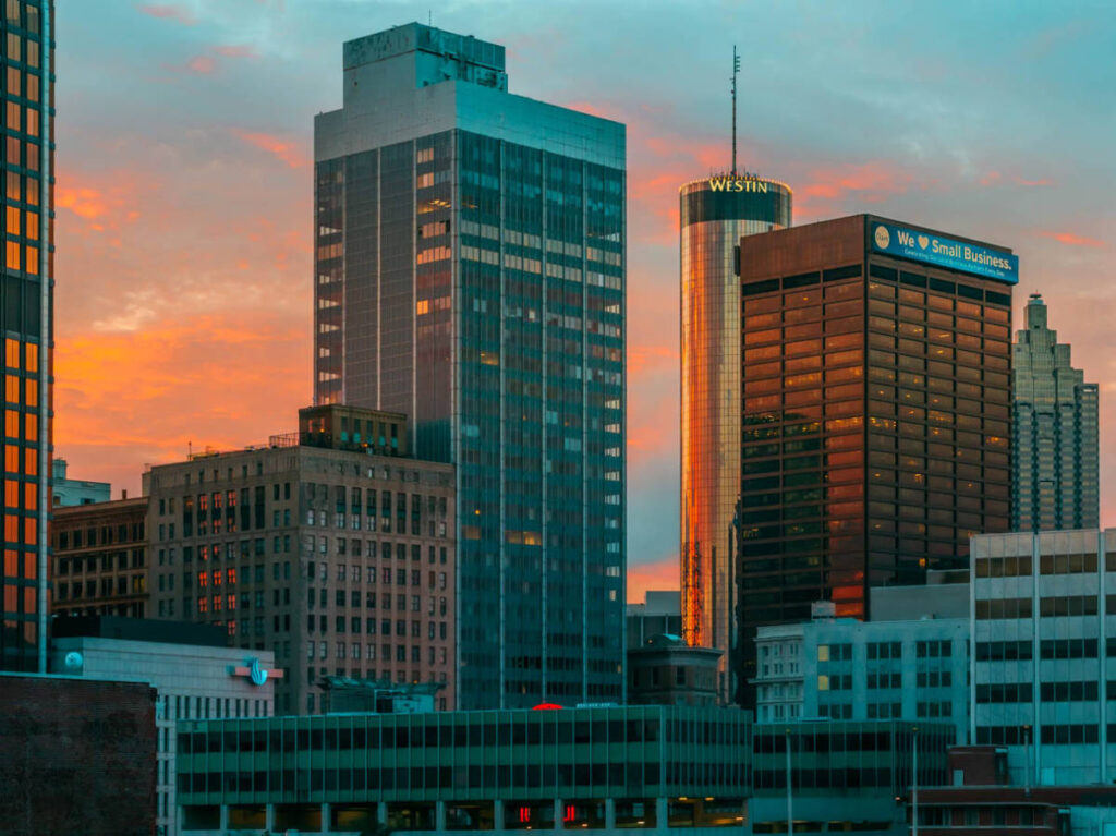 View of the Downtown Atlanta skyline at sunset
