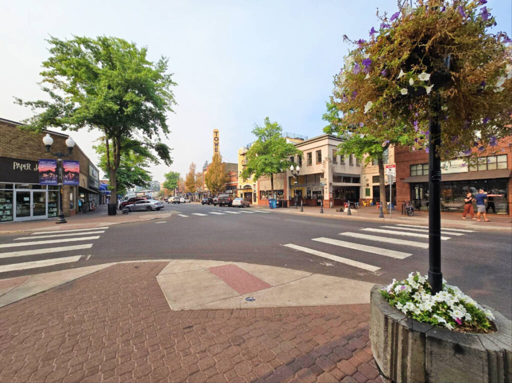 View of a crossing street in Downtown Bend