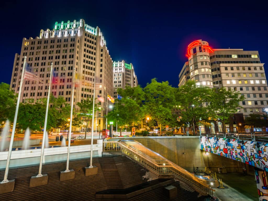 Buildings with lights at night in Downtown Bethesda