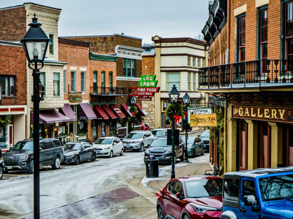 View of the Christmas decorations on the lamp posts at Downtown Galena