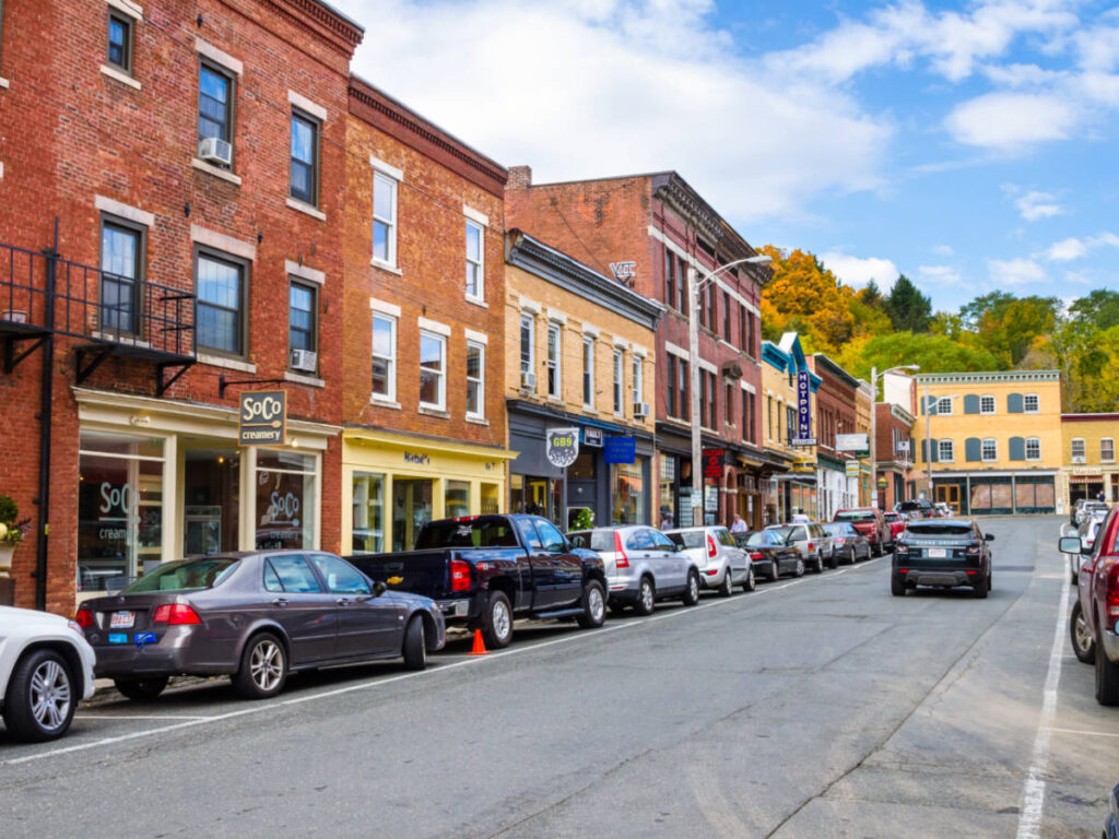 Railroad Street lined with Traditional Brick Buildings and Colorful Shops and Restaurant at Great Barrington