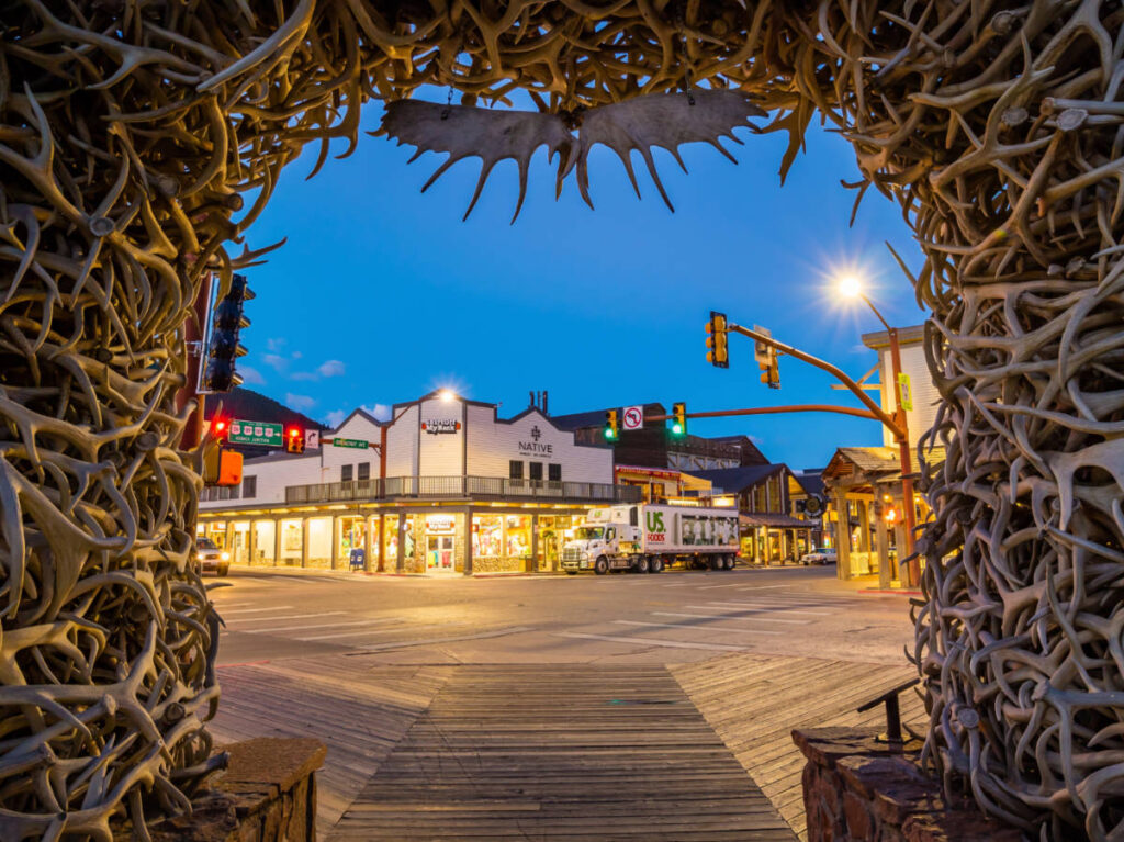 View of the antler arch and the wooden boardwalks