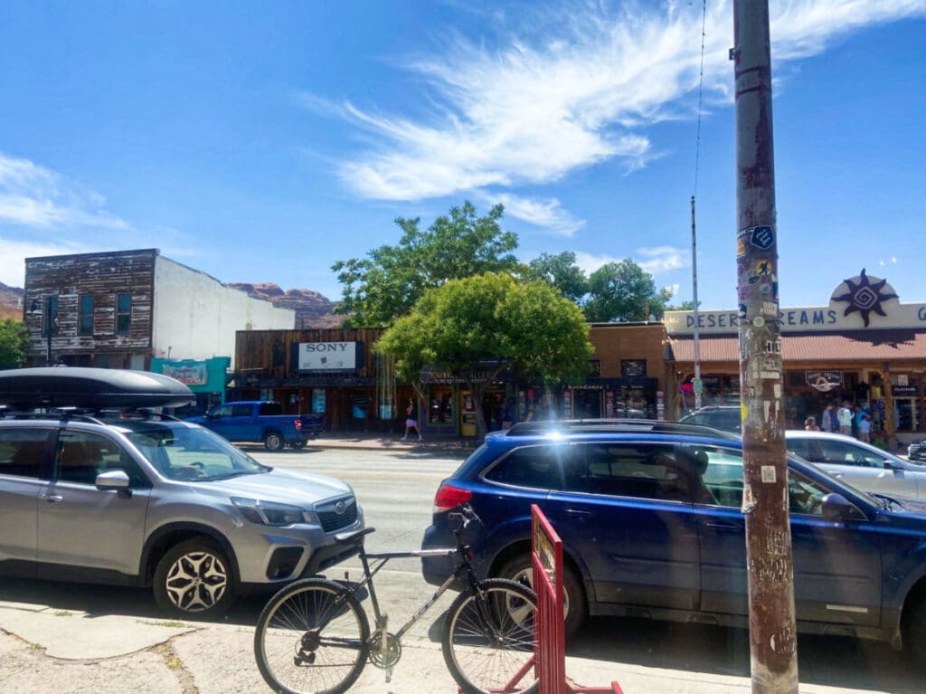 View of the parked vehicles outside the Garage Coffee Co. in downtown Moab