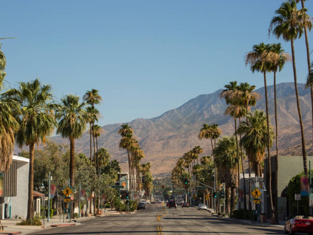 Scenic mountain and palm trees view along the road in Downtown Palm Springs
