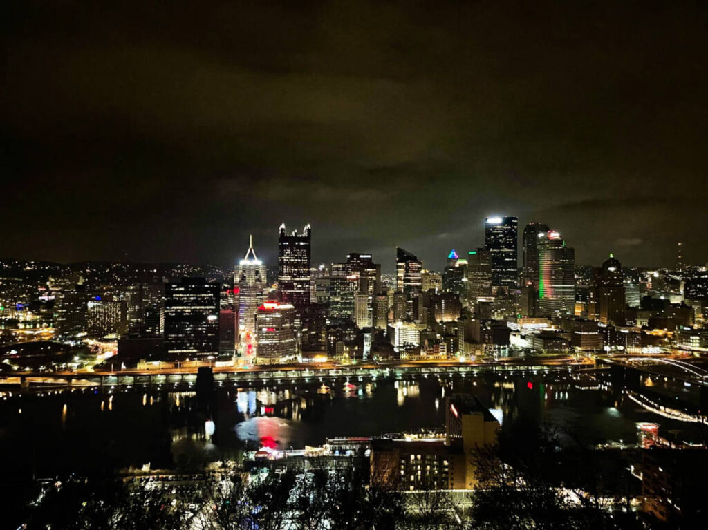 Aerial view of the illuminated Downtown Pittsburgh at Night
